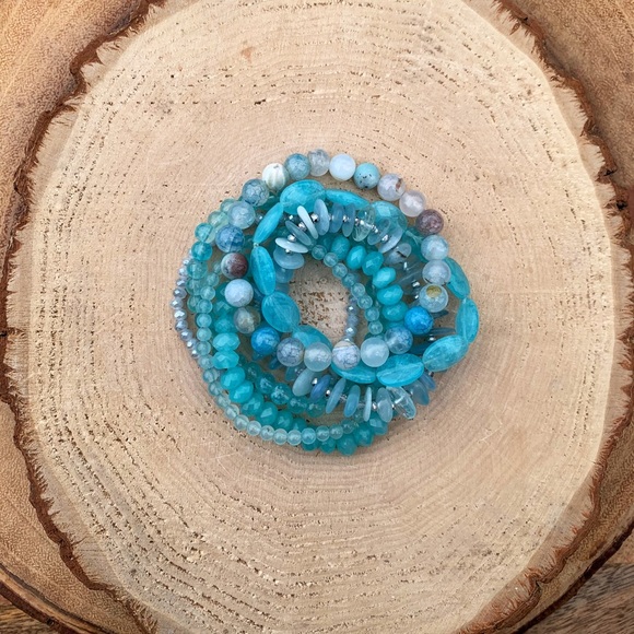 Natural Blue Aquamarine, Azure Amazonite & Agate Gemstone Beads Bracelet Stack - Picture 3 of 12